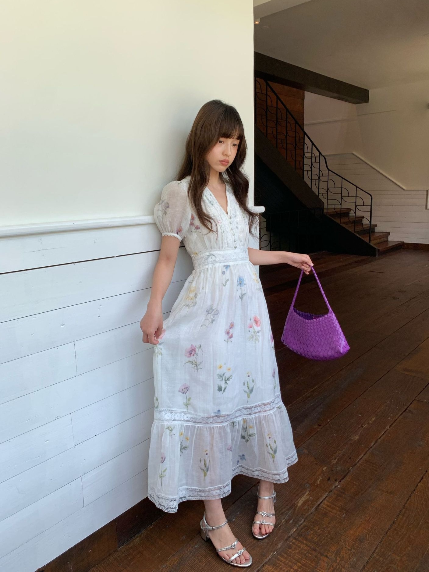 夏のフレンチ優しいハイウエストvネック花柄綿麻バブル袖ワンピースs5 676_1