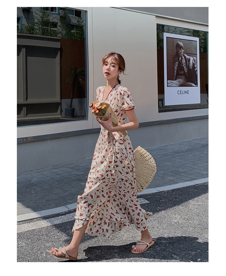 ワンピース デート ロング 袖あり Vネック かわいい 大人可愛い きれいめ シンプル カジュアル 大人 上品 おしゃれ お洒落 主役級 存在感 夏 10代 20代 30代 レディース 女性用 OL