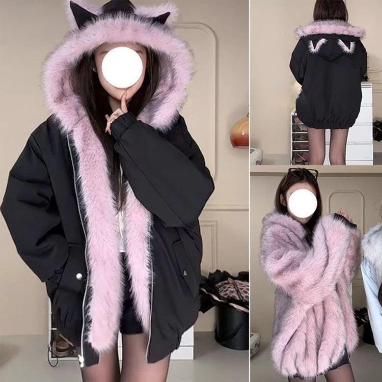 [11月20%値下げ]裏ファー ファージャケット リバーシブル かわいい レディース モコモコ ジャケット フェイクファー 裏起毛 猫耳 厚手 暖かい コート フード_1