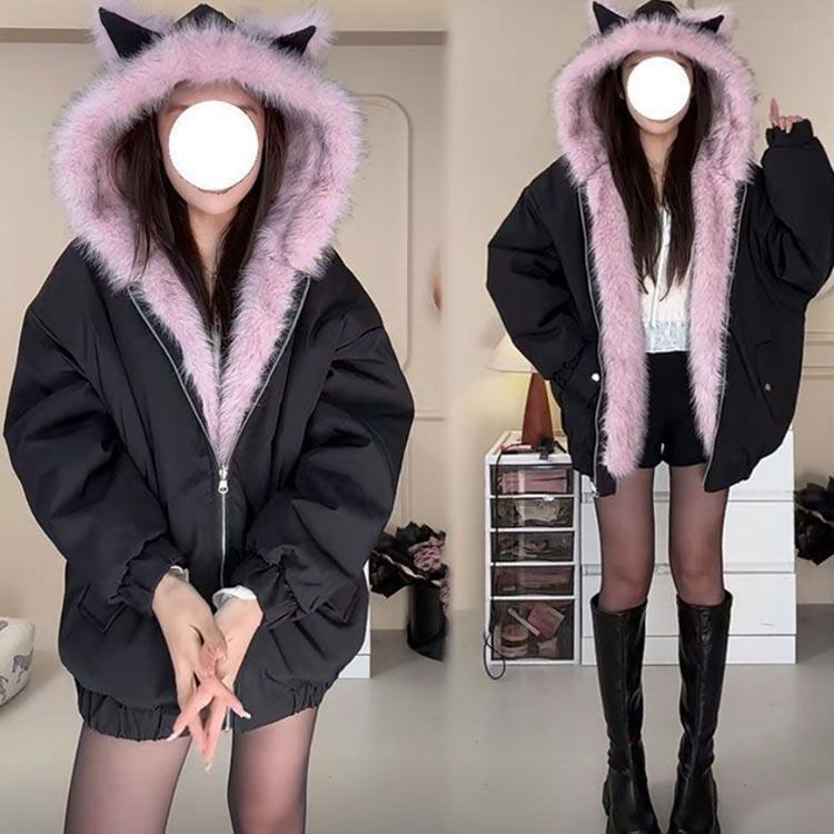 [11月20%値下げ]裏ファー ファージャケット リバーシブル かわいい レディース モコモコ ジャケット フェイクファー 裏起毛 猫耳 厚手 暖かい コート フード_2