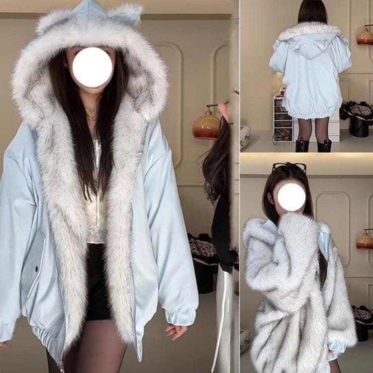 [11月20%値下げ]裏ファー ファージャケット リバーシブル かわいい レディース モコモコ ジャケット フェイクファー 裏起毛 猫耳 厚手 暖かい コート フード_3