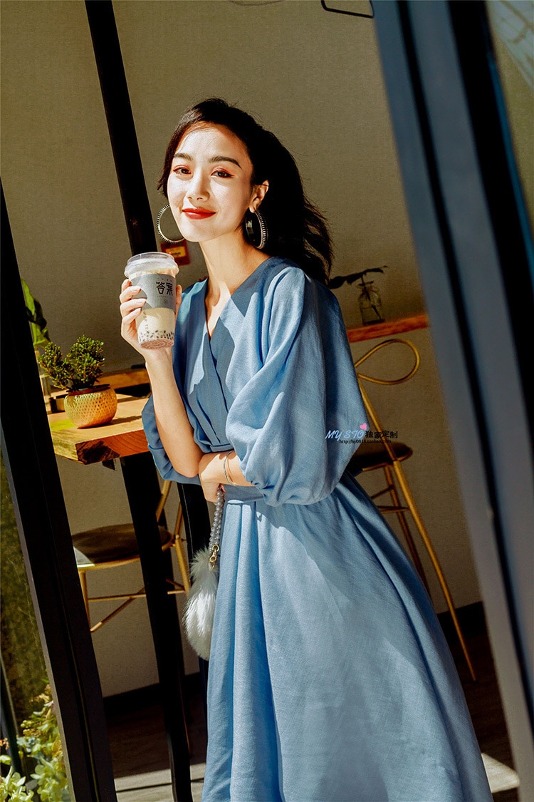 水色ワンピース 爽やか フレアスカート ドレス 春 秋 上品 おしゃれ 七