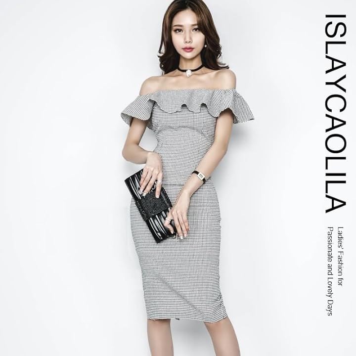 キャバドレス ミニドレス クラブドレス パーティードレス ワンピース タイト ミディ オフショルダー フリル ノースリーブ ハイウエスト ひざ丈 レディース EC3(グレー, XL)