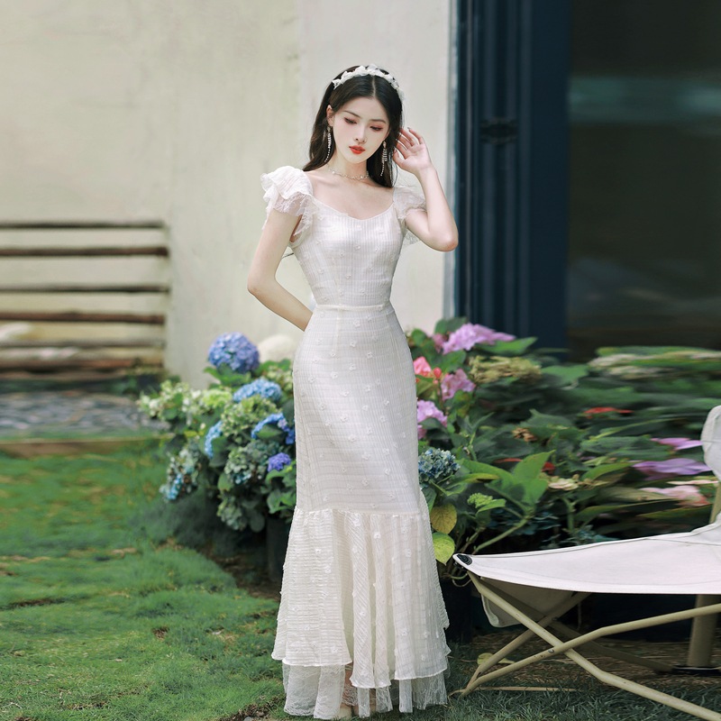 6585 ヘビー刺繍フレンチロマンチックライトラグジュアリーライトウェディングドレスフィッシュテールドレスBQ72