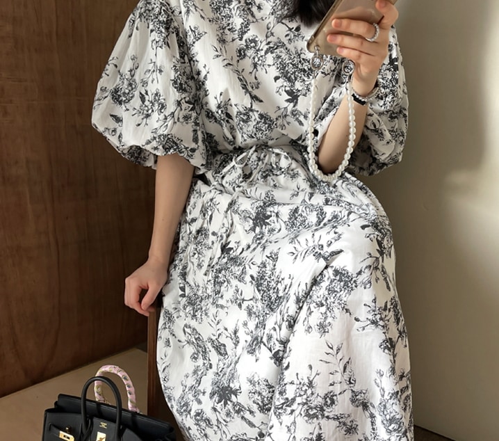 ワンピース フレアワンピース ロング ロング丈 袖あり 五分袖 ボリューム袖 ラウンドネック 襟なし フレア Aライン シフォン リボン ウエストマーク ウエストリボン ポケット かわいい 大人可愛い