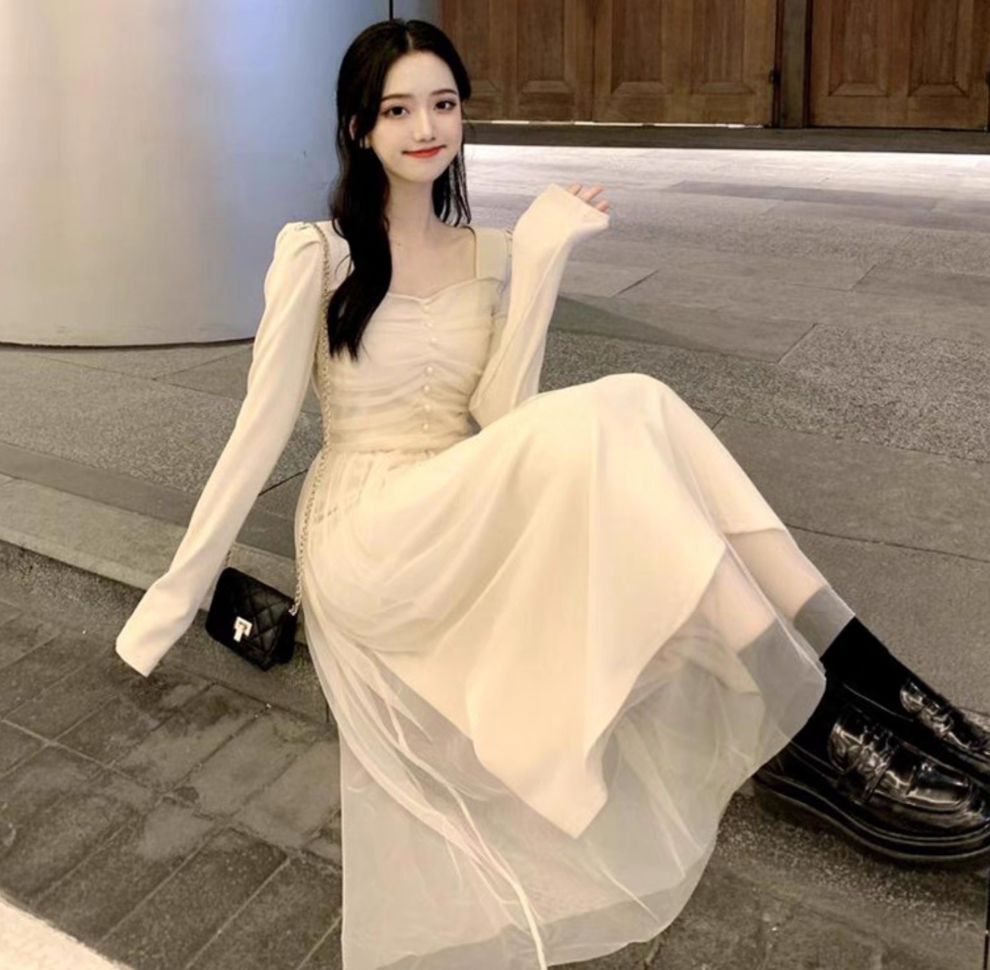 レディース ワンピース フレア ロング 長袖 パフスリーブ バルーン袖 Aライン フェミニン レース チュール ウエストマーク ハイウエスト ボタン ギャザー 異素材ミックス かわいい 大人可愛い レディース ワンピース フレア ロング 長袖 パフスリーブ バルーン袖 Aライン フェミニン レース チュール ウエストマーク ハイウエスト ボタン ギャザー 異素材ミックス かわいい 大人可愛い