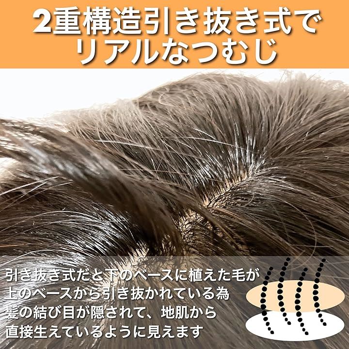 部分ウィッグ ヘアピース 女性 レディース 人毛100% かつら セミロング 35cm トップピース ストレート つむじ 頭頂部 必需品3点セット( ナチュラルブラック, Free)