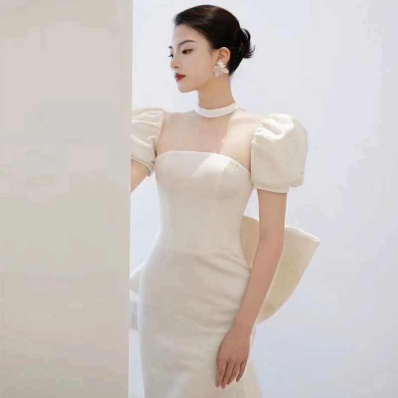 ウェディングドレス 二次会ドレス 白 サテン マーメイドドレス パフスリーブ バックリボン オシャレ ロングドレス ウェディング ホワイトドレス 結婚式ドレス 花嫁ドレス 優雅 エレガント XS S