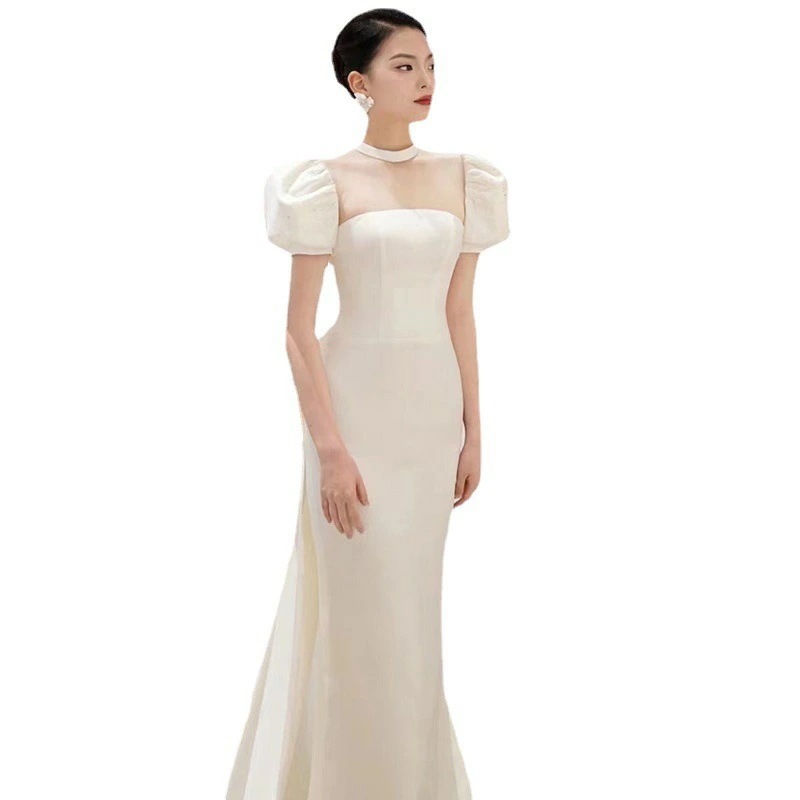 ウェディングドレス 二次会ドレス 白 サテン マーメイドドレス パフスリーブ バックリボン オシャレ ロングドレス ウェディング ホワイトドレス 結婚式ドレス 花嫁ドレス 優雅 エレガント XS S