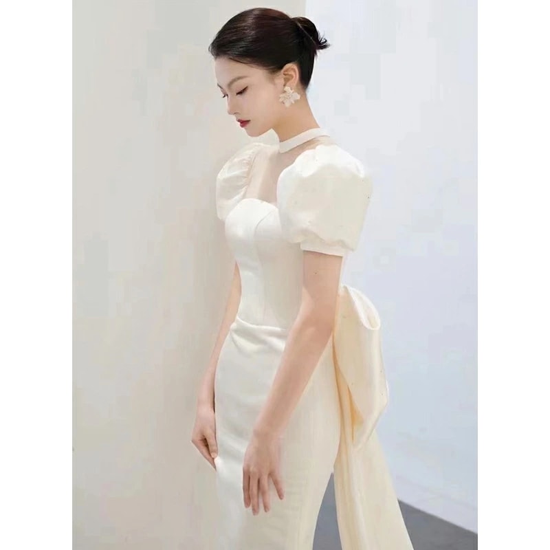 ウェディングドレス 二次会ドレス 白 サテン マーメイドドレス パフスリーブ バックリボン オシャレ ロングドレス ウェディング ホワイトドレス 結婚式ドレス 花嫁ドレス 優雅 エレガント XS S