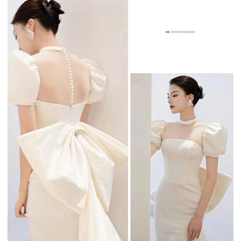 ウェディングドレス 二次会ドレス 白 サテン マーメイドドレス パフスリーブ バックリボン オシャレ ロングドレス ウェディング ホワイトドレス 結婚式ドレス 花嫁ドレス 優雅 エレガント XS S