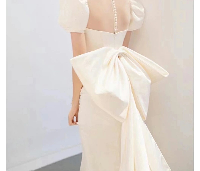 ウェディングドレス 二次会ドレス 白 サテン マーメイドドレス パフスリーブ バックリボン オシャレ ロングドレス ウェディング ホワイトドレス 結婚式ドレス 花嫁ドレス 優雅 エレガント XS S
