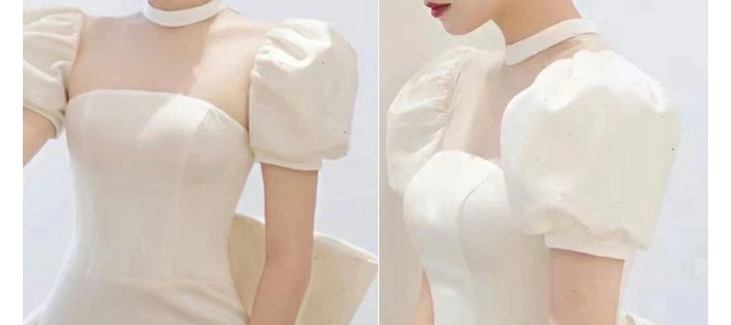 ウェディングドレス 二次会ドレス 白 サテン マーメイドドレス パフスリーブ バックリボン オシャレ ロングドレス ウェディング ホワイトドレス 結婚式ドレス 花嫁ドレス 優雅 エレガント XS S