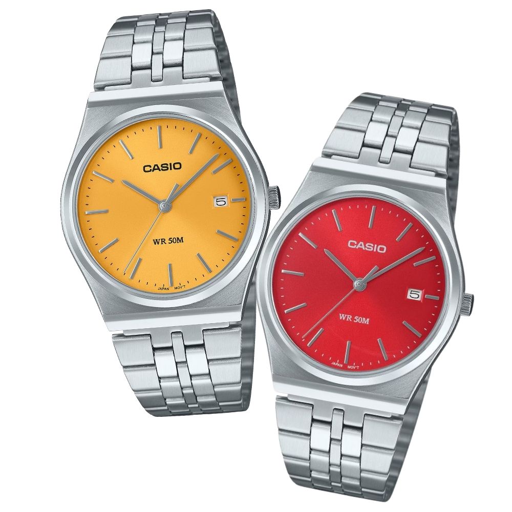 カシオ ペアウォッチ 腕時計 収納ケース付き イエロー レッド ステンレスベルト お揃い ユニセックス メンズ レディース ペアセット カップル 親子ペア 誕生日 記念日 プレゼント ギフト ペアギフ