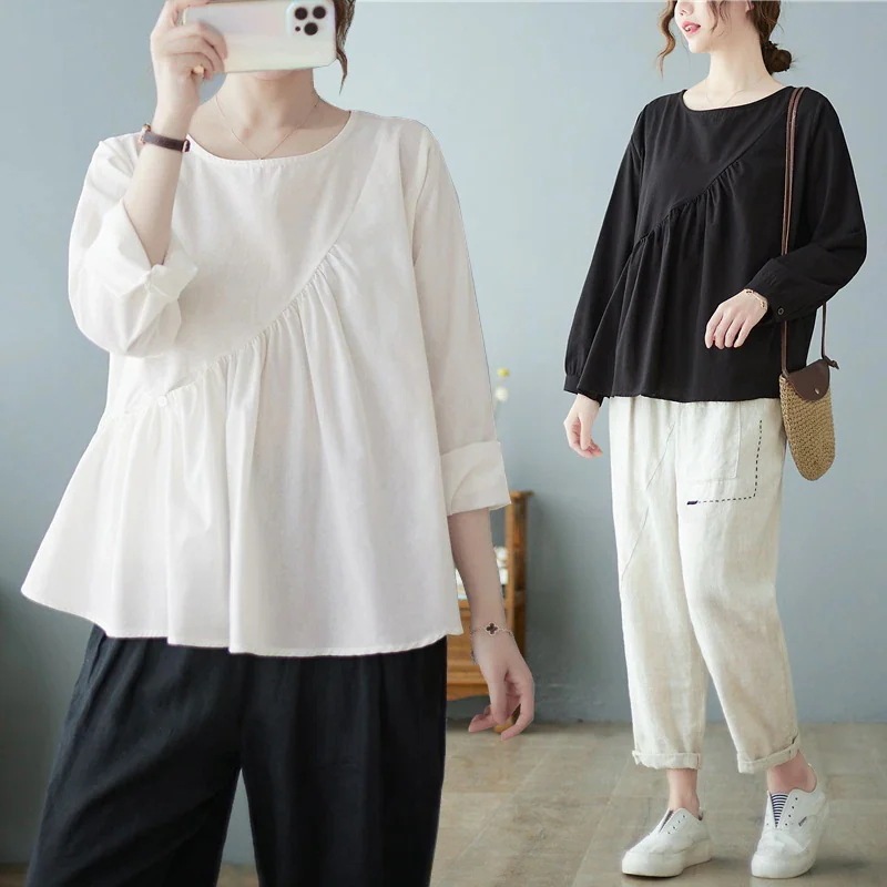 クルーネックトップス 長袖ノーバランス カジュアル シャツ ゆったり 薄手 ン素材トップス 体型カバー ブラウス シンプル 無地T シアーシャツ