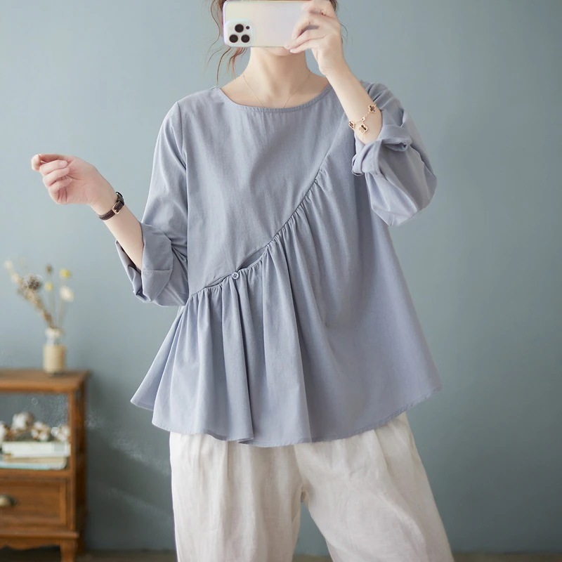 クルーネックトップス 長袖ノーバランス カジュアル シャツ ゆったり 薄手 ン素材トップス 体型カバー ブラウス シンプル 無地T シアーシャツ