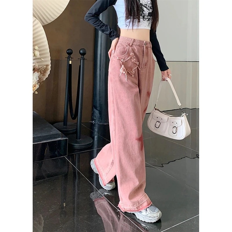 【2025】脚長効果！デニムパンツヴィンテージファイブスター刺繍ぶつかり合う色生成り2025春秋作多用途ルーズスリムレディース韓国ファッション
