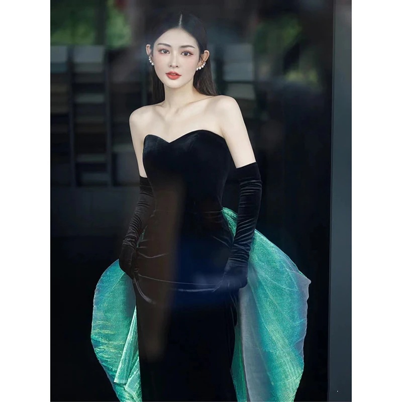女性のための黒のイブニングドレス 2024 宴会気質チューブトップホストエレガントなフィッシュテールロングスリムドレス mdprevattcaulkingandwaterproofing.com