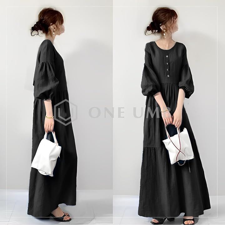 パフスリーブ ワンピース レディース マキシ丈 七分袖(ブラック, S) パフスリーブ ワンピース レディース マキシ丈 七分袖(ブラック, S)