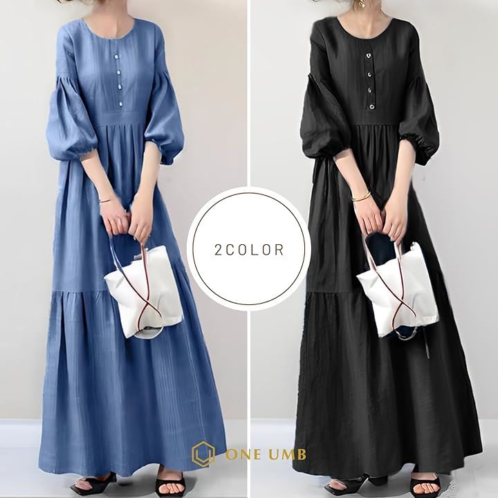 パフスリーブ ワンピース レディース マキシ丈 七分袖(ブラック, S) パフスリーブ ワンピース レディース マキシ丈 七分袖(ブラック, S)