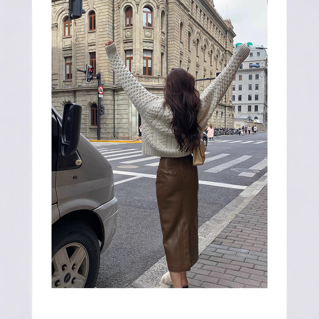 韓国風気質レザースカート_ミディアム版軽熟ピュアカラーハイウエストエコレザーバッグヒップスカート美ラード着こなし 韓国風気質レザースカート_ミディアム版軽熟ピュアカラーハイウエストエコレザーバッグヒップスカート美ラード着こなし