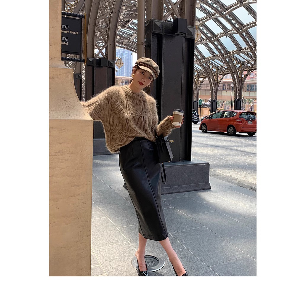 韓国風気質レザースカート_ミディアム版軽熟ピュアカラーハイウエストエコレザーバッグヒップスカート美ラード着こなし 韓国風気質レザースカート_ミディアム版軽熟ピュアカラーハイウエストエコレザーバッグヒップスカート美ラード着こなし