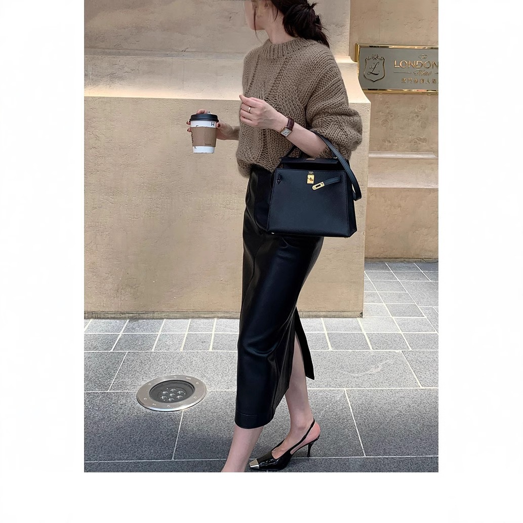 韓国風気質レザースカート_ミディアム版軽熟ピュアカラーハイウエストエコレザーバッグヒップスカート美ラード着こなし 韓国風気質レザースカート_ミディアム版軽熟ピュアカラーハイウエストエコレザーバッグヒップスカート美ラード着こなし