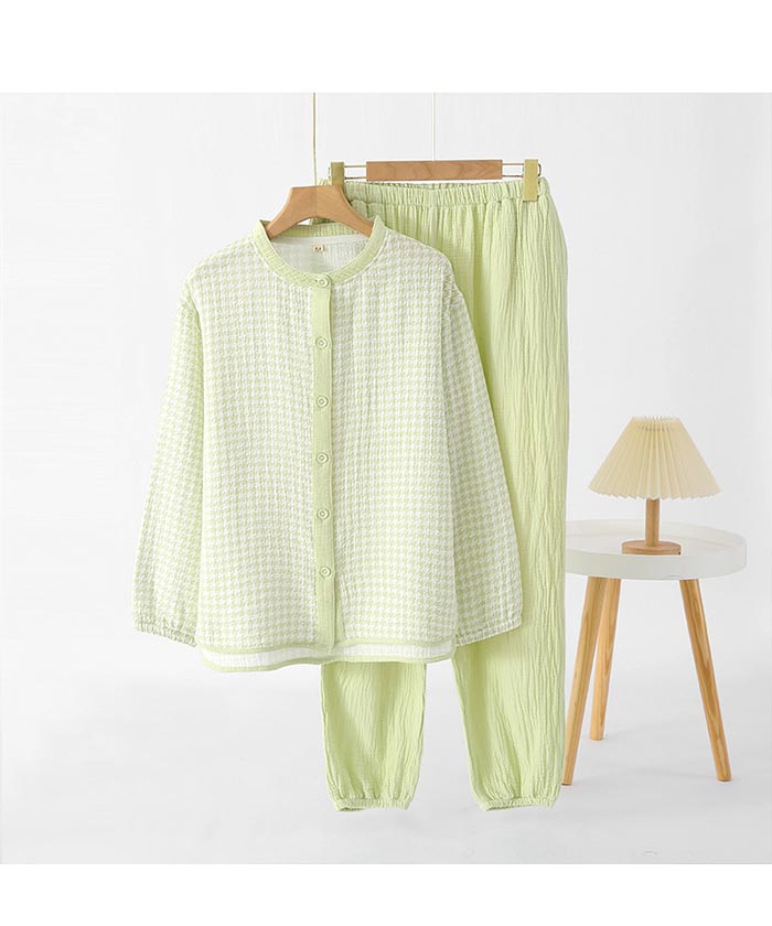 【2025新作】二重ガーゼパジャマ レディース 春 サラサラ ダブルガーゼ 長袖 部屋着セットアップ ルームウエア上下セット肌着 前開き チェック柄 夜間着快眠パジャマ ルームウェア 婦人 M L プ