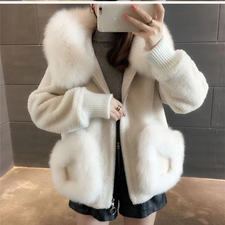 秋冬新しい フェイクファー トップス 韓国ファッション 百掛け 毛皮コート レディース カジュアル フード付きアウター ジャケット 上着