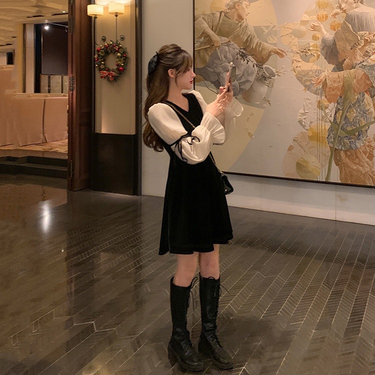 レトロ風 リボン ワンピース 長袖 秋 冬 きれいめ カジュアル かわいい aライン Aライン フレア ワンピドレス ミニ ミニ丈 ショート ショート丈 ぽわん袖 ボリューム袖 ボリュームスリーブ キ