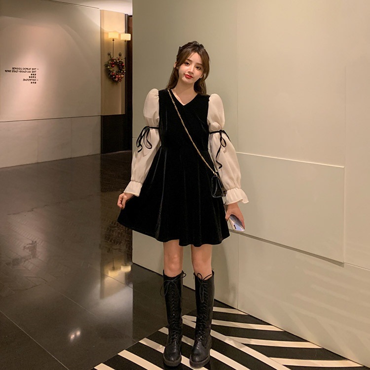 レトロ風 リボン ワンピース 長袖 秋 冬 きれいめ カジュアル かわいい aライン Aライン フレア ワンピドレス ミニ ミニ丈 ショート ショート丈 ぽわん袖 ボリューム袖 ボリュームスリーブ キ