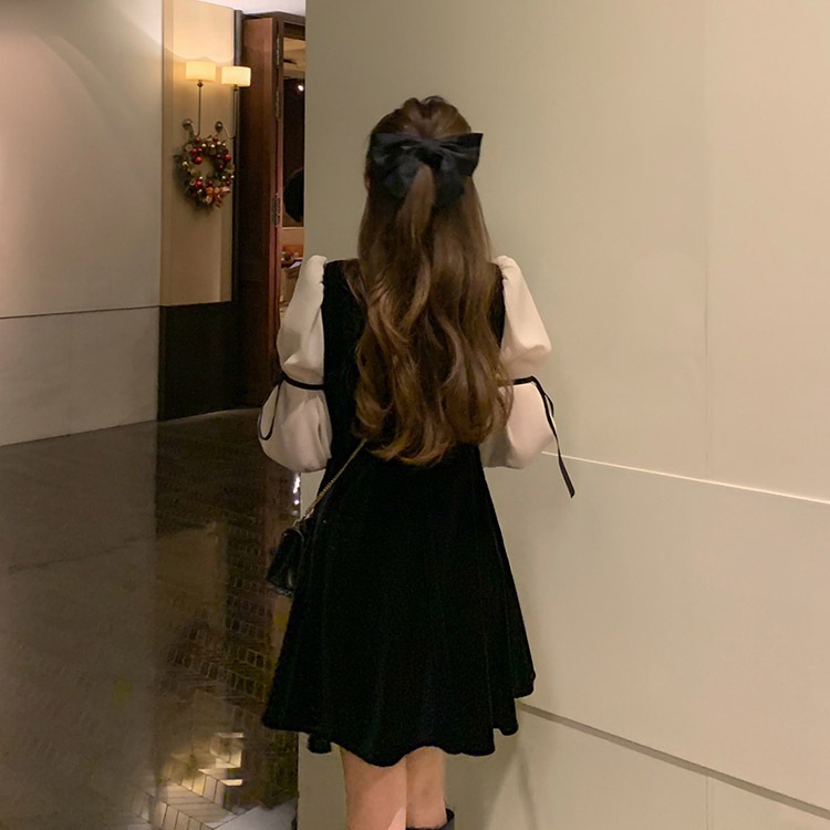 レトロ風 リボン ワンピース 長袖 秋 冬 きれいめ カジュアル かわいい aライン Aライン フレア ワンピドレス ミニ ミニ丈 ショート ショート丈 ぽわん袖 ボリューム袖 ボリュームスリーブ キ