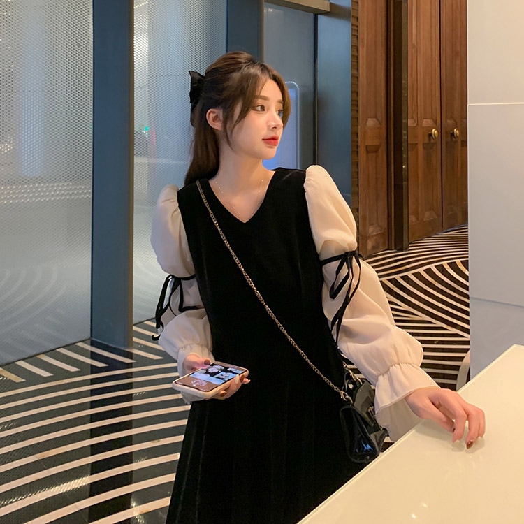 レトロ風 リボン ワンピース 長袖 秋 冬 きれいめ カジュアル かわいい aライン Aライン フレア ワンピドレス ミニ ミニ丈 ショート ショート丈 ぽわん袖 ボリューム袖 ボリュームスリーブ キ