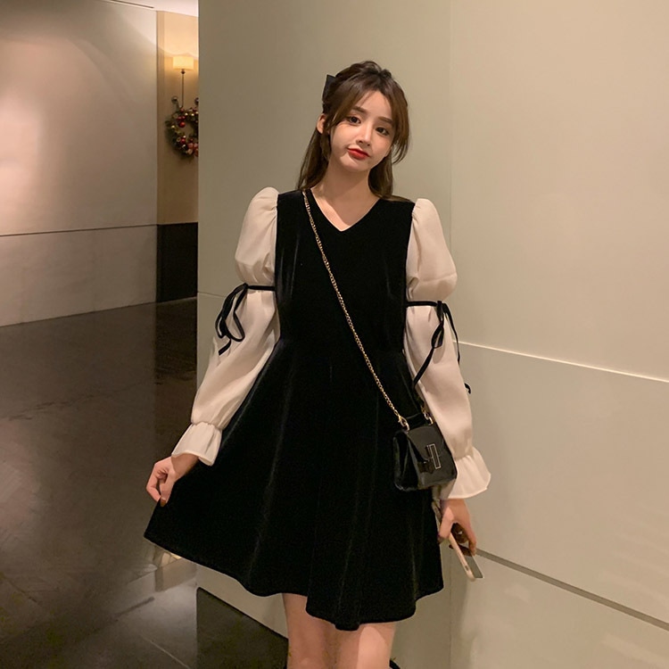 レトロ風 リボン ワンピース 長袖 秋 冬 きれいめ カジュアル かわいい aライン Aライン フレア ワンピドレス ミニ ミニ丈 ショート ショート丈 ぽわん袖 ボリューム袖 ボリュームスリーブ キ