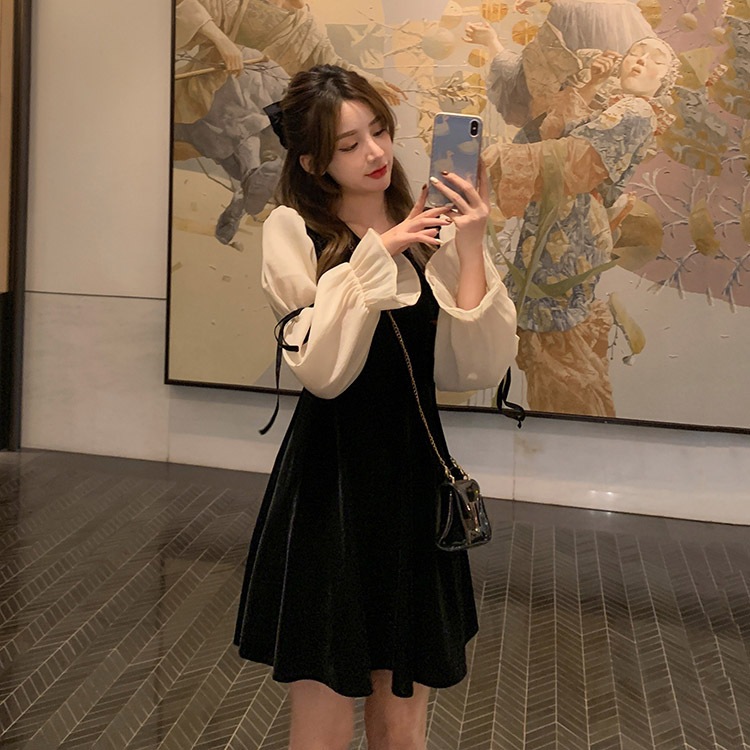 レトロ風 リボン ワンピース 長袖 秋 冬 きれいめ カジュアル かわいい aライン Aライン フレア ワンピドレス ミニ ミニ丈 ショート ショート丈 ぽわん袖 ボリューム袖 ボリュームスリーブ キ