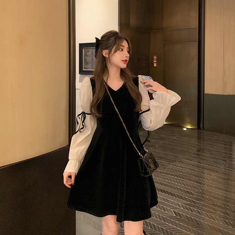 レトロ風 リボン ワンピース 長袖 秋 冬 きれいめ カジュアル かわいい aライン Aライン フレア ワンピドレス ミニ ミニ丈 ショート ショート丈 ぽわん袖 ボリューム袖 ボリュームスリーブ キ