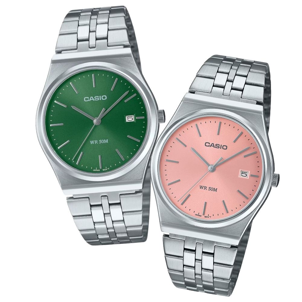 カシオ ペアウォッチ 腕時計 収納ケース付き グリーン ピンク ステンレスベルト お揃い ユニセックス メンズ レディース ペアセット カップル 親子ペア 誕生日 記念日 プレゼント ギフト ペアギフ