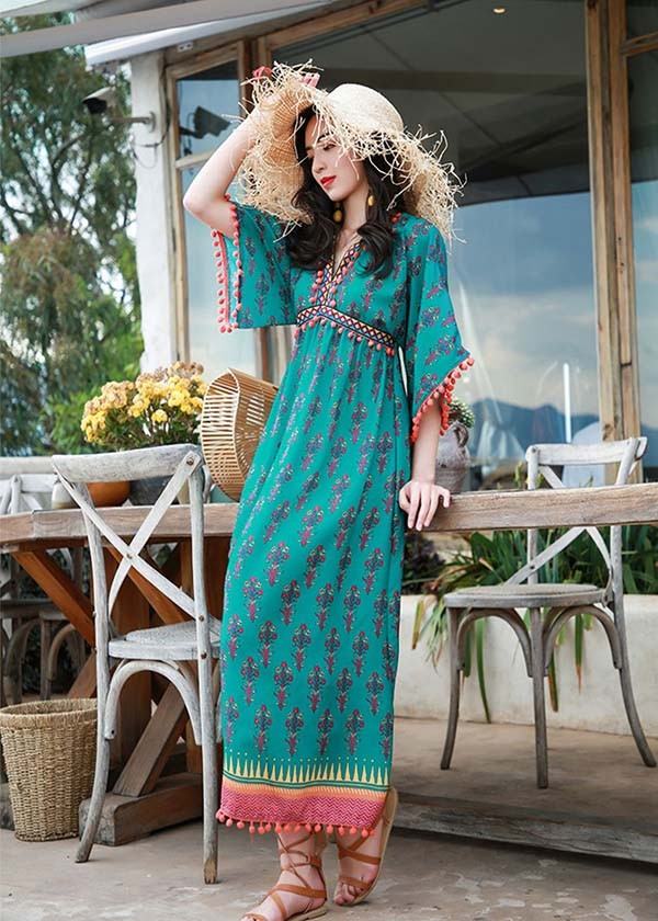 ハワイ リゾートワンピース マキシ丈 Vネック ノースリーブ イ