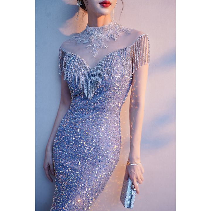 パーティードレス カラードレス フリンジ シルバー ハイネック キラキラ マーメイドラインドレス セクシー シルバー 色っぽい ロングドレス ステージドレス マーメイドドレス ロング ロング丈 タイト