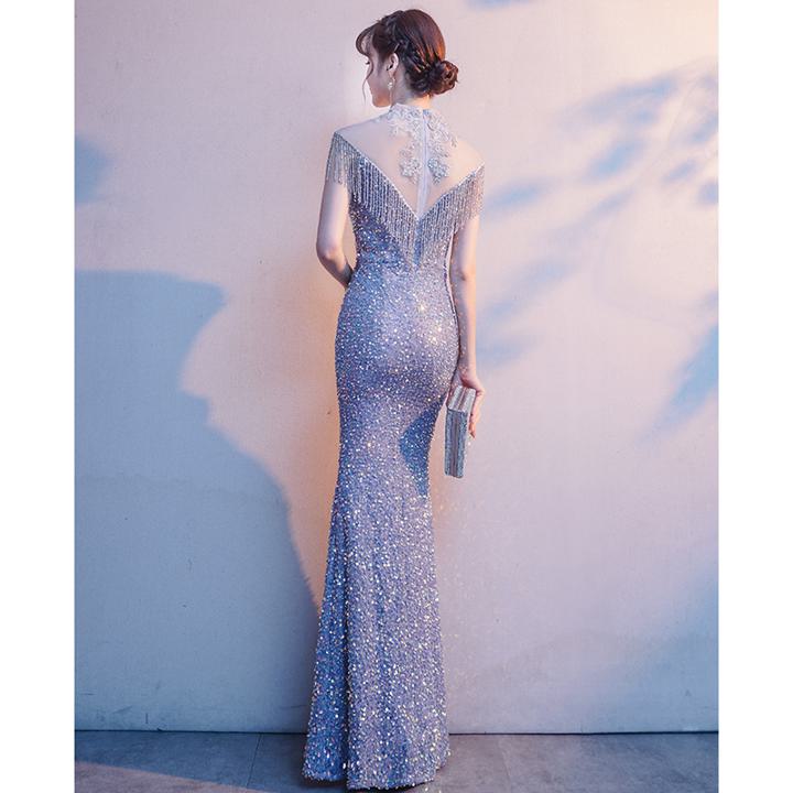 パーティードレス カラードレス フリンジ シルバー ハイネック キラキラ マーメイドラインドレス セクシー シルバー 色っぽい ロングドレス ステージドレス マーメイドドレス ロング ロング丈 タイト