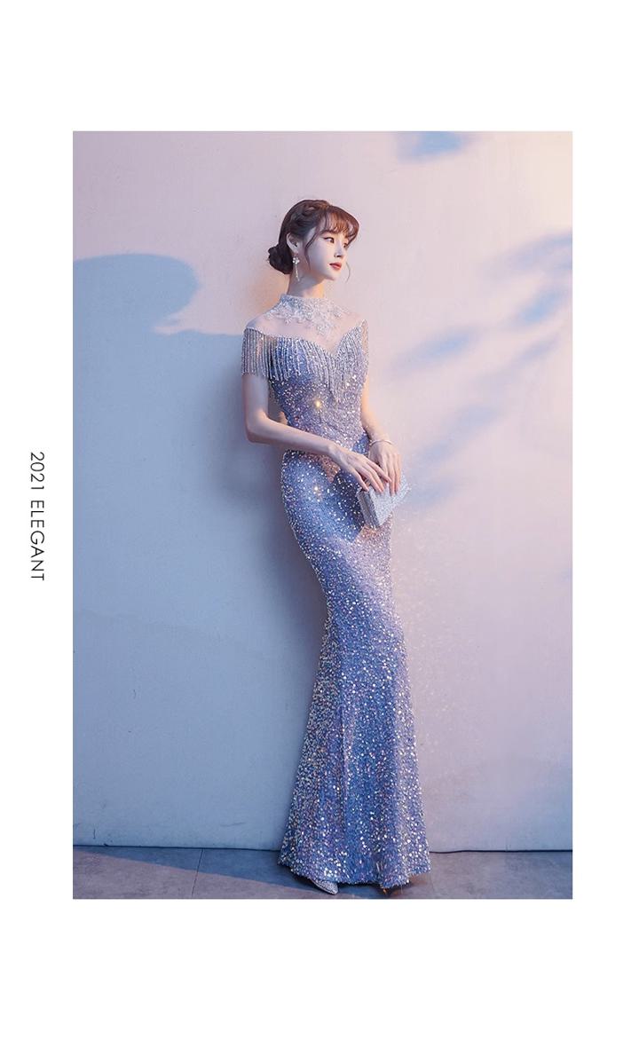 パーティードレス カラードレス フリンジ シルバー ハイネック キラキラ マーメイドラインドレス セクシー シルバー 色っぽい ロングドレス ステージドレス マーメイドドレス ロング ロング丈 タイト