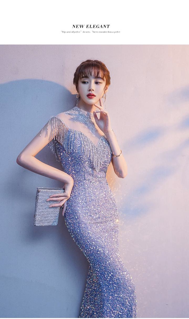 パーティードレス カラードレス フリンジ シルバー ハイネック キラキラ マーメイドラインドレス セクシー シルバー 色っぽい ロングドレス ステージドレス マーメイドドレス ロング ロング丈 タイト