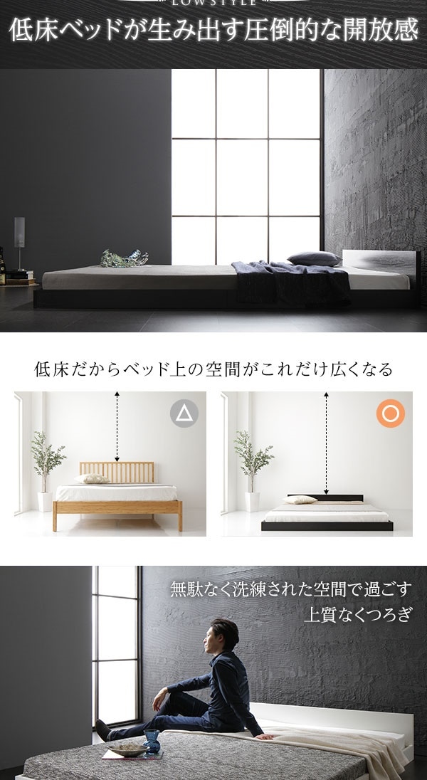ベッド 低床 ロータイプ すのこ 木製 一枚板 フラット ヘッド シンプル モダン ホワイト セミダブル ボンネルコイルマットレス付き
