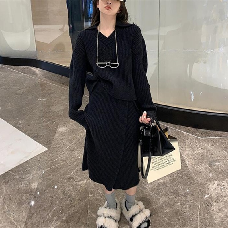 トップス スカート セットアップ ミモレ ミモレ丈 袖あり 長袖 Vネック 襟付き スリット サイドスリット 大人可愛い きれいめ シンプル カジュアル 大人 上品 おしゃれ お洒落 大人女子