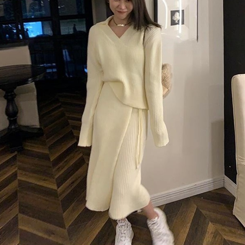 トップス スカート セットアップ ミモレ ミモレ丈 袖あり 長袖 Vネック 襟付き スリット サイドスリット 大人可愛い きれいめ シンプル カジュアル 大人 上品 おしゃれ お洒落 大人女子