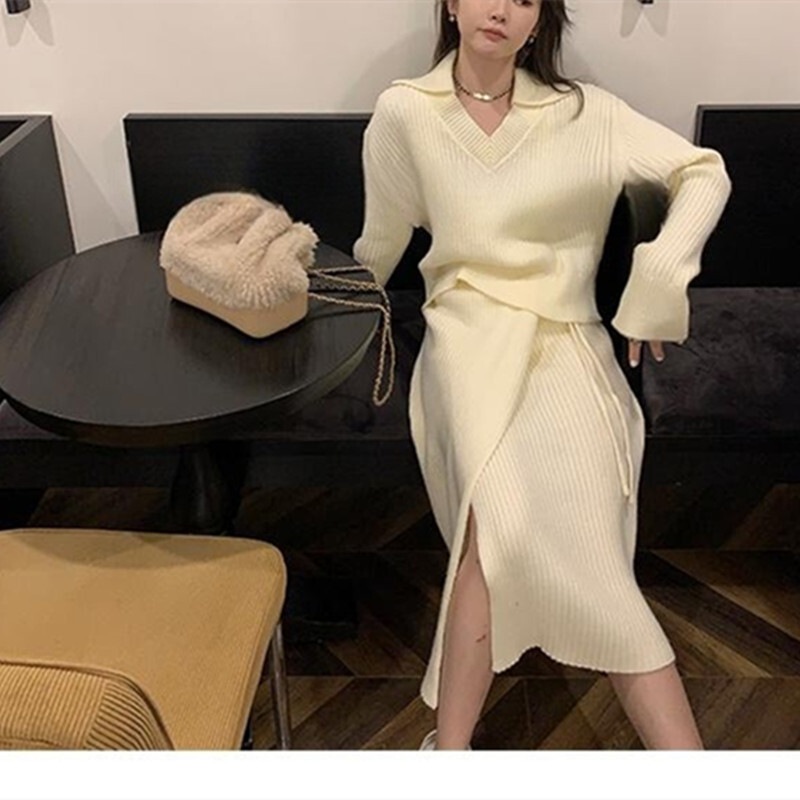 トップス スカート セットアップ ミモレ ミモレ丈 袖あり 長袖 Vネック 襟付き スリット サイドスリット 大人可愛い きれいめ シンプル カジュアル 大人 上品 おしゃれ お洒落 大人女子