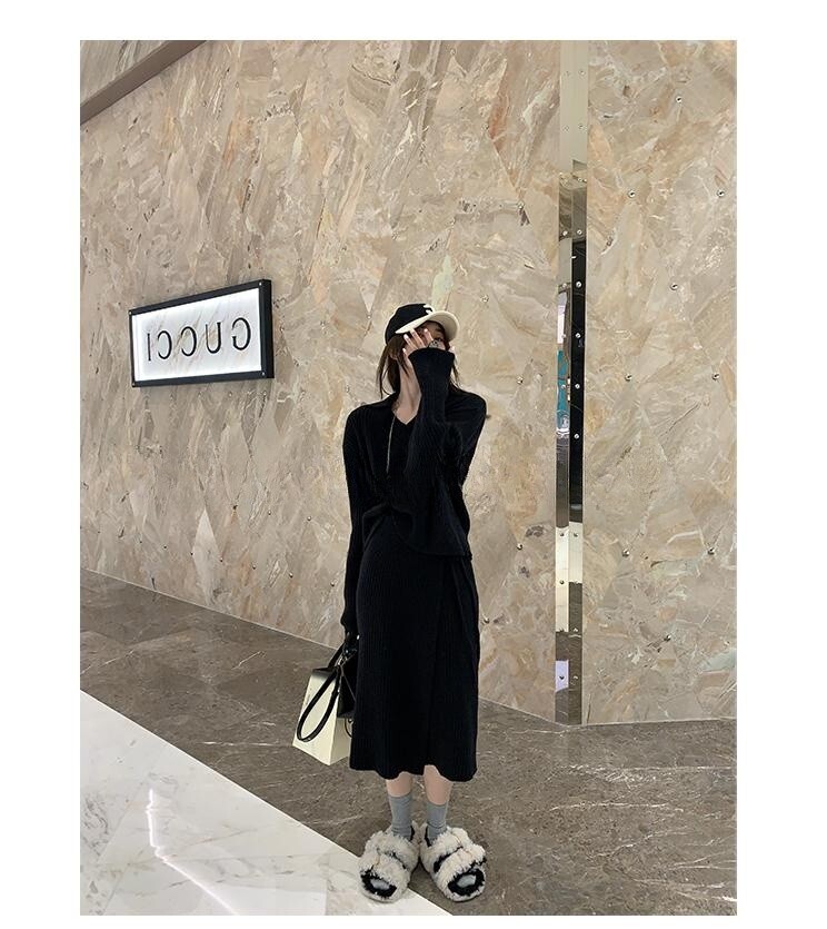 トップス スカート セットアップ ミモレ ミモレ丈 袖あり 長袖 Vネック 襟付き スリット サイドスリット 大人可愛い きれいめ シンプル カジュアル 大人 上品 おしゃれ お洒落 大人女子