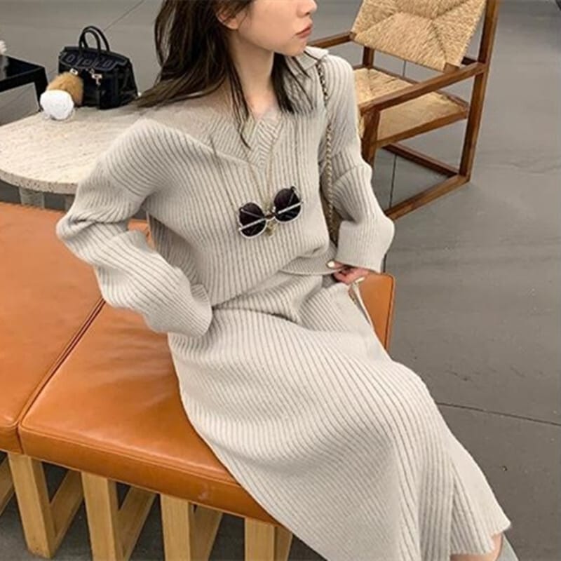 トップス スカート セットアップ ミモレ ミモレ丈 袖あり 長袖 Vネック 襟付き スリット サイドスリット 大人可愛い きれいめ シンプル カジュアル 大人 上品 おしゃれ お洒落 大人女子