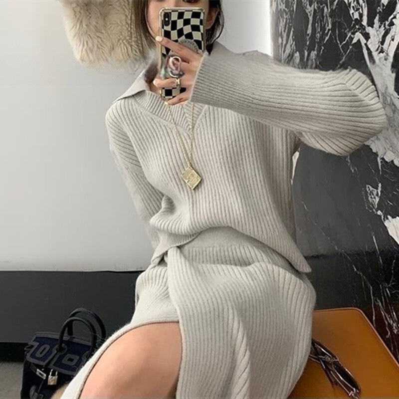 トップス スカート セットアップ ミモレ ミモレ丈 袖あり 長袖 Vネック 襟付き スリット サイドスリット 大人可愛い きれいめ シンプル カジュアル 大人 上品 おしゃれ お洒落 大人女子