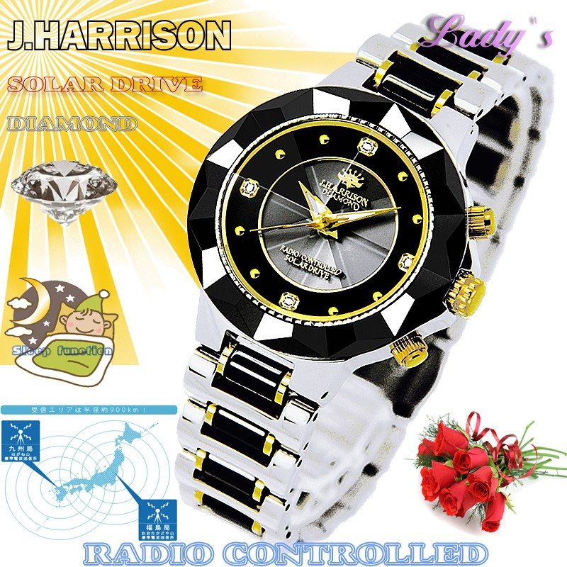 J.HARRISON 腕時計 JH-024LBB レディース 時計 ソーラー電波 4石天然ダイヤ J.ハリソン ブラックセラミック